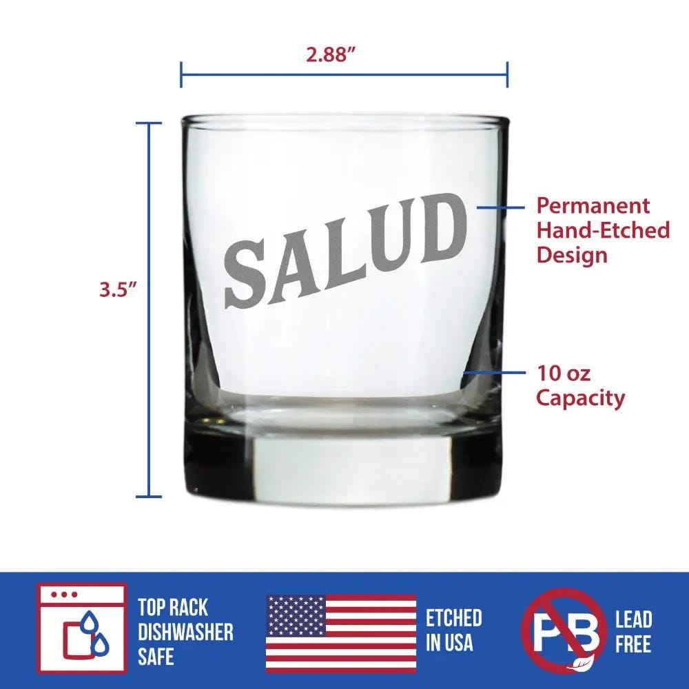 Etched Rocks Glass | 10.25 oz Whiskey Glass | Dishwasher Safe | Salud - Spanish Cheers