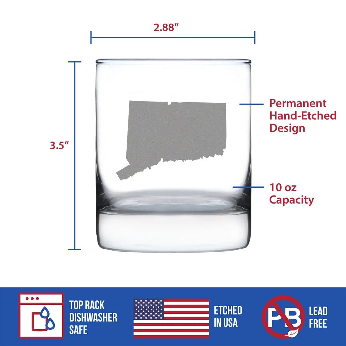 Etched Rocks Glass | 10.25 oz Whiskey Glass | Dishwasher Safe | Connecticut State Outline