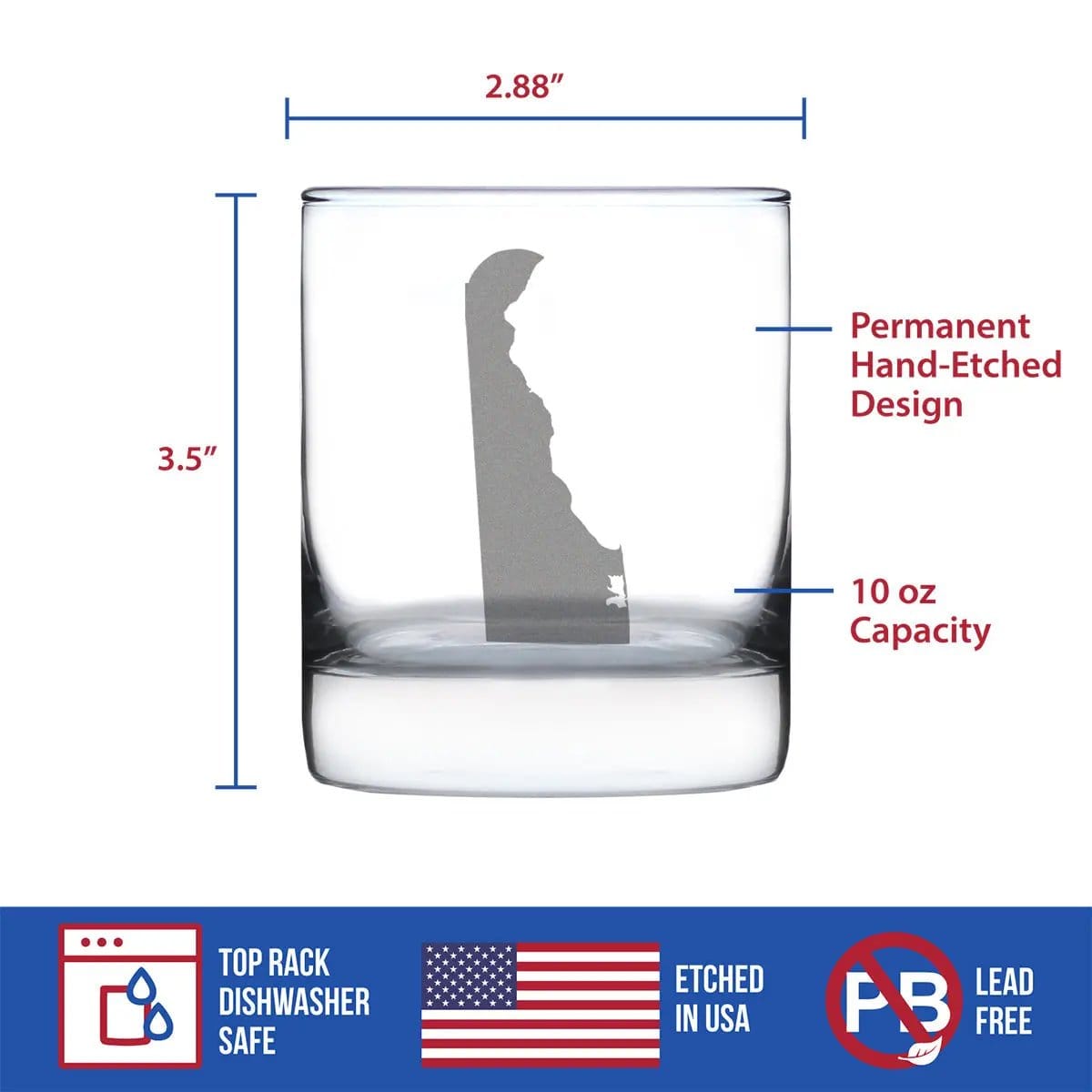 Etched Rocks Glass | 10.25 oz Whiskey Glass | Dishwasher Safe | Delaware State Outline