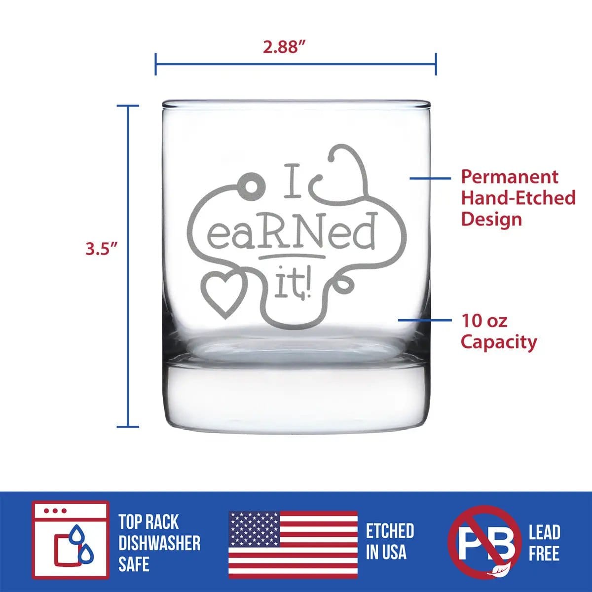 Etched Rocks Glass | 10 oz Whiskey Glass | Dishwasher Safe | I eaRNed It