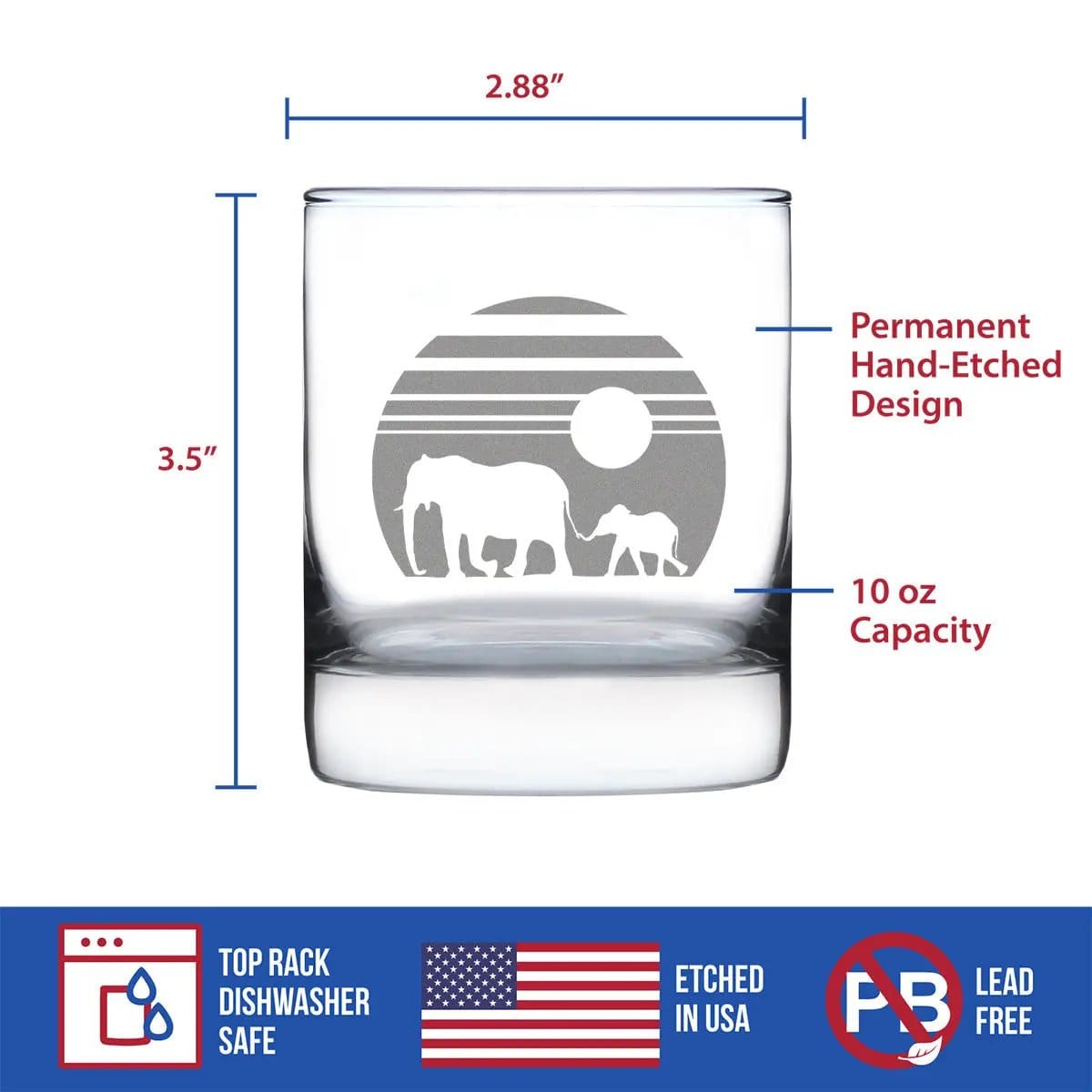 Etched Rocks Glass | 10 oz Whiskey Glass | Dishwasher Safe | Elephant Sunset