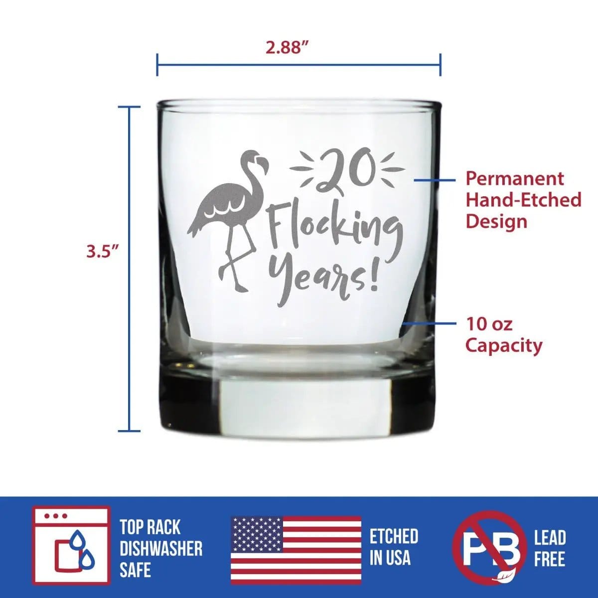 Etched Rocks Glass | 10 oz Whiskey Glass | Dishwasher Safe | 20 Flocking Years