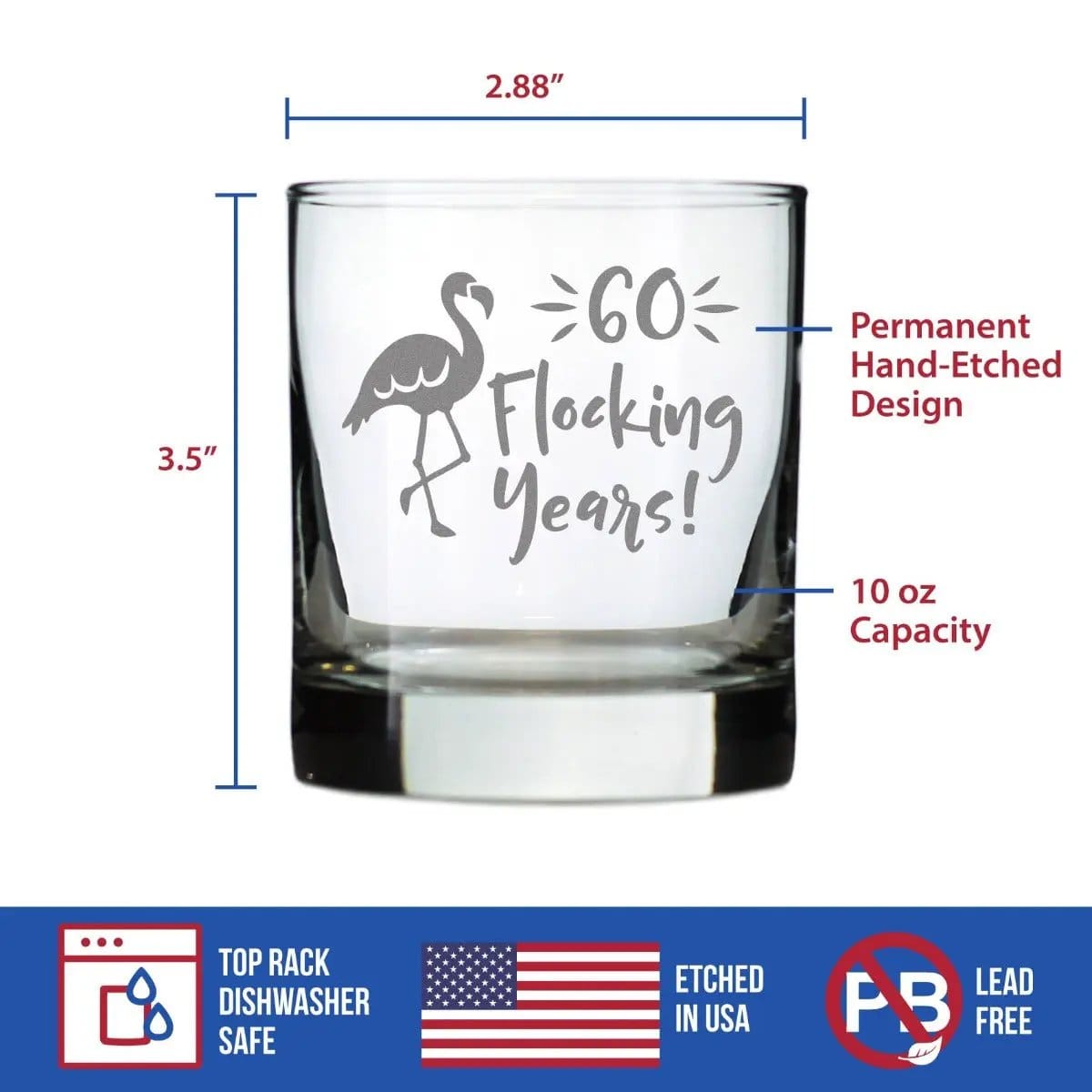 Etched Rocks Glass | 10 oz Whiskey Glass | Dishwasher Safe | 60 Flocking Years