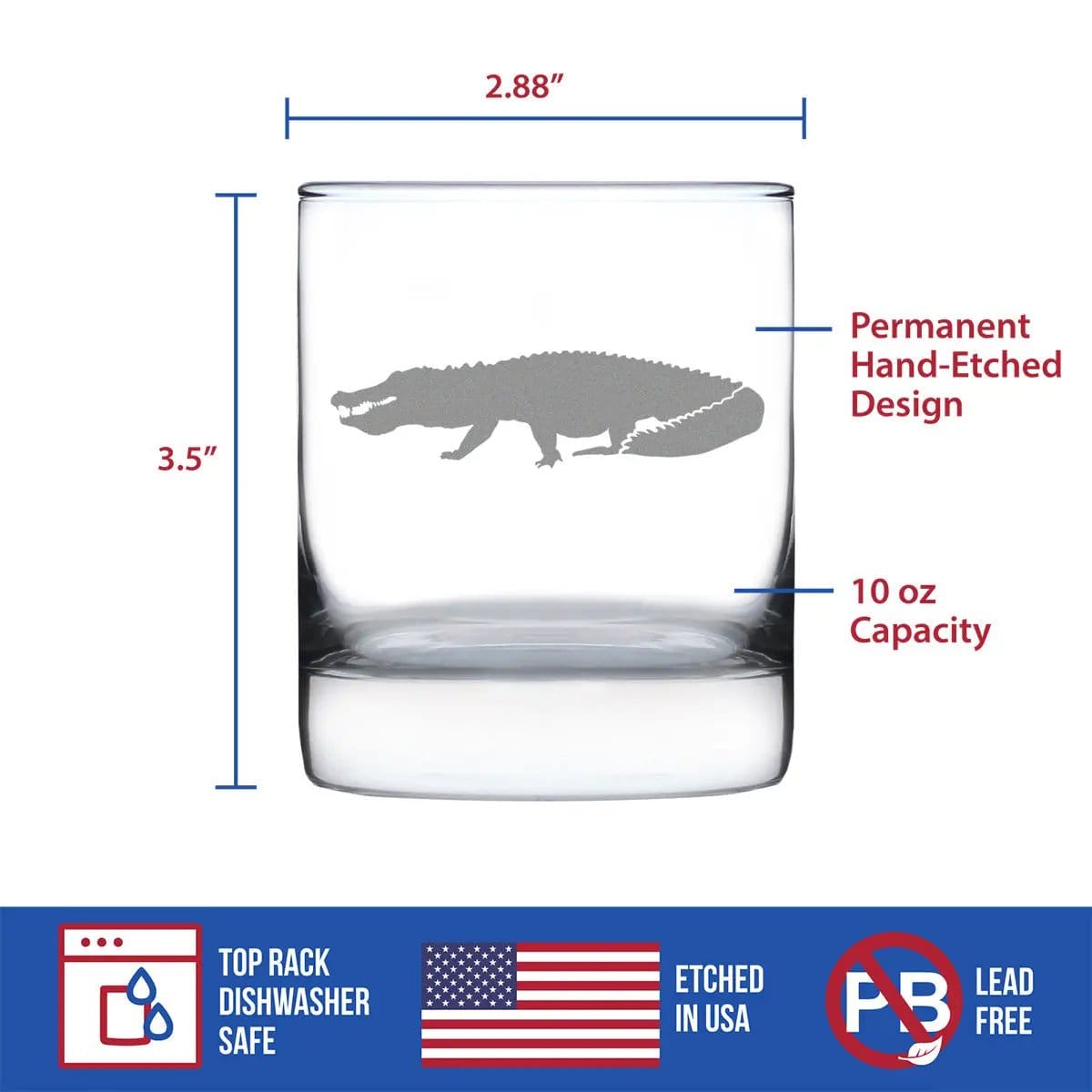 Etched Rocks Glass | 10.25 oz Whiskey Glass | Dishwasher Safe | Alligator