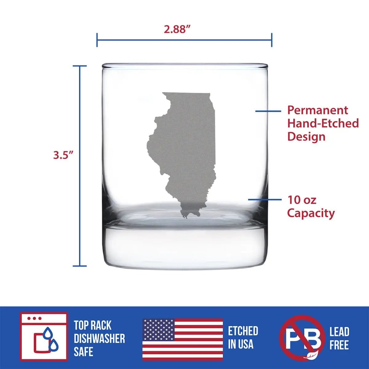 Etched Rocks Glass | 10.25 oz Whiskey Glass | Dishwasher Safe | Illinois State Outline