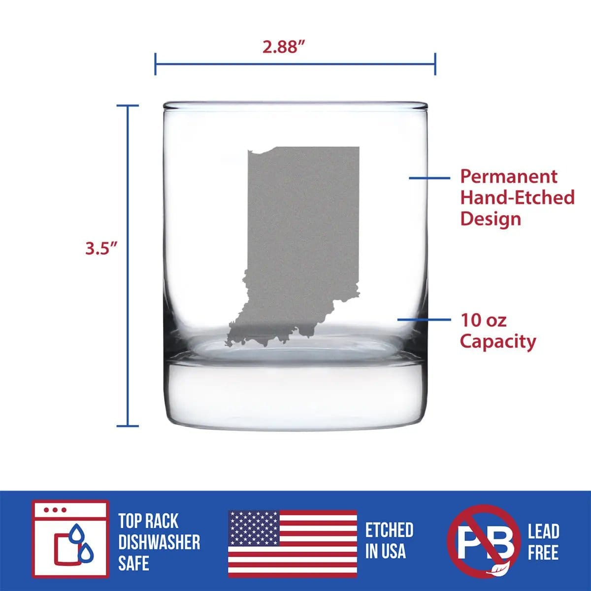 Etched Rocks Glass | 10.25 oz Whiskey Glass | Dishwasher Safe | Indiana State Outline