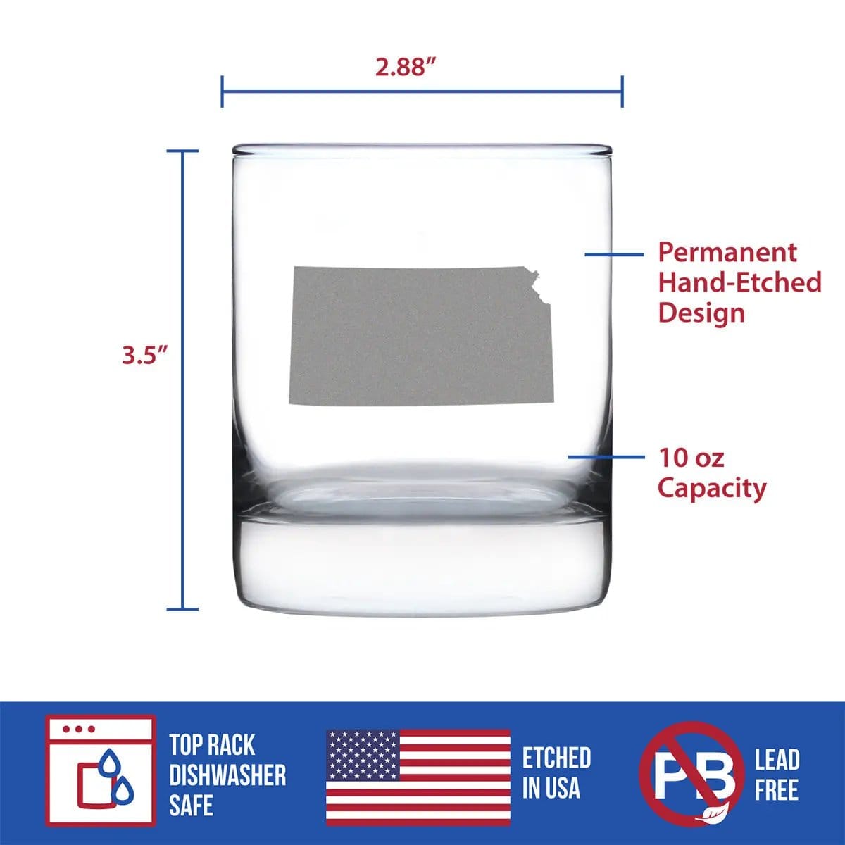 Etched Rocks Glass | 10.25 oz Whiskey Glass | Dishwasher Safe | Kansas State Outline