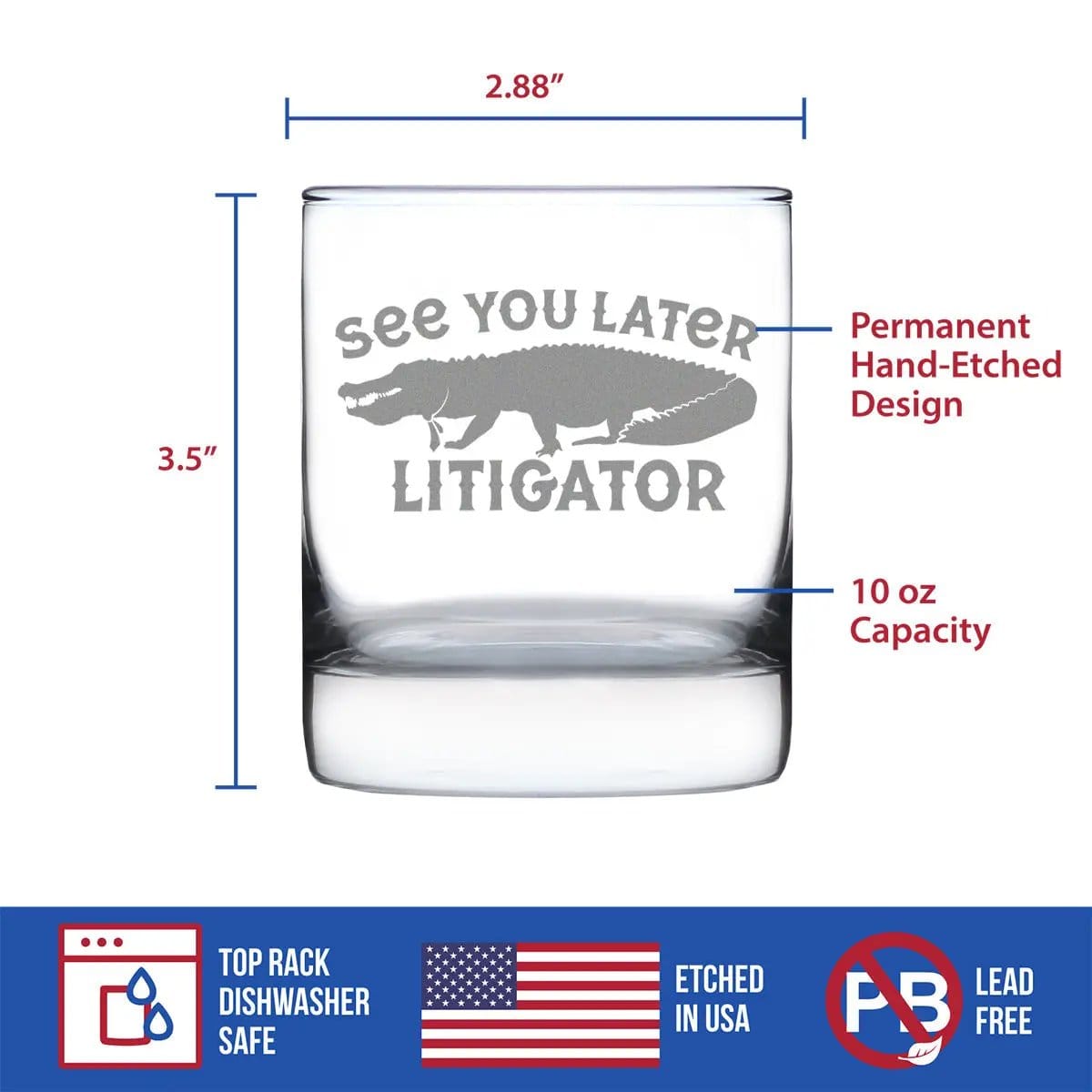 Etched Rocks Glass | 10.25 oz Whiskey Glass | Dishwasher Safe | See You Later Litigator