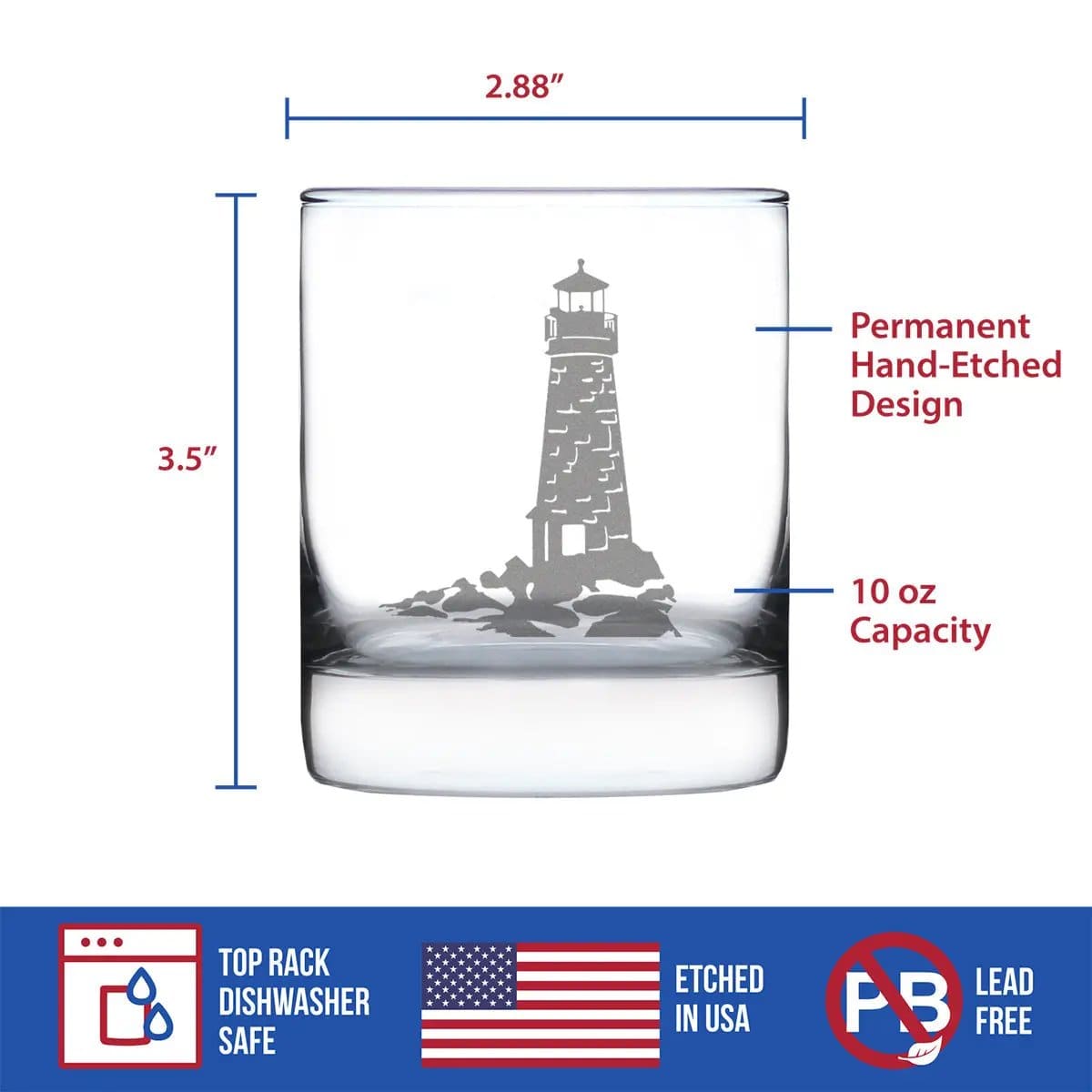 Etched Rocks Glass | 10.25 oz Whiskey Glass | Dishwasher Safe | Lighthouse