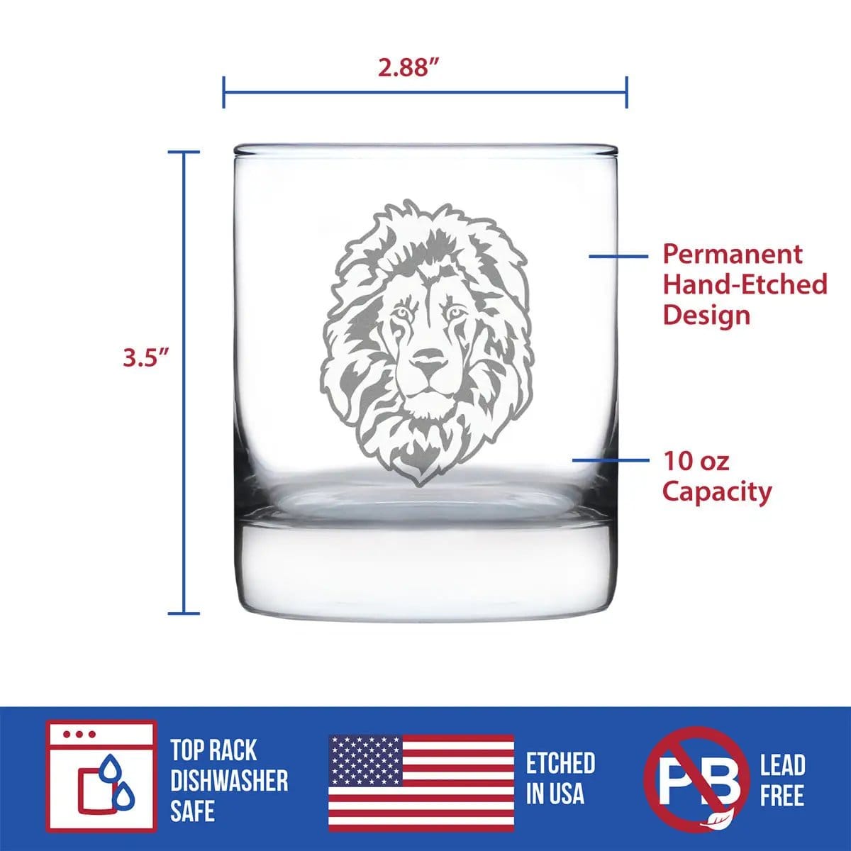 Etched Rocks Glass | 10.25 oz Whiskey Glass | Dishwasher Safe | Lion