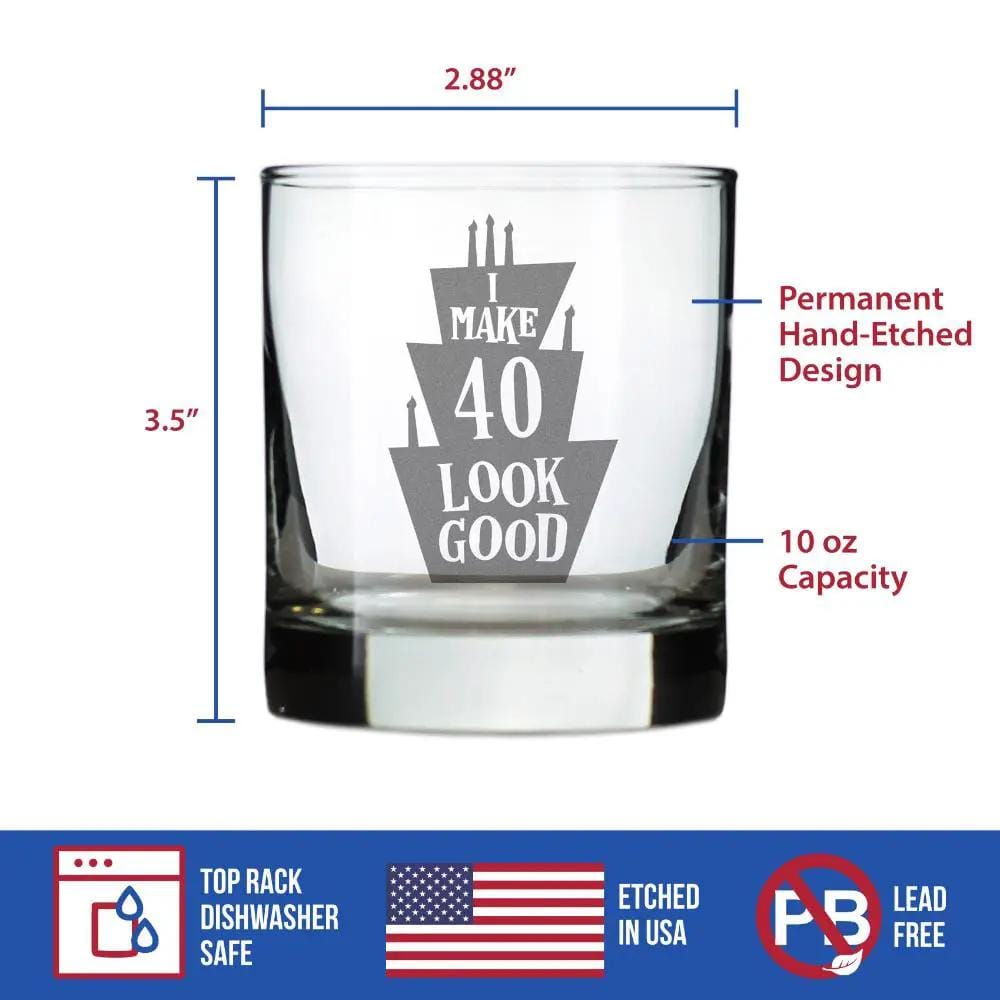 Etched Rocks Glass | 10 oz Whiskey Glass | Dishwasher Safe | Make 40 Look Good - Funny 40th Birthday