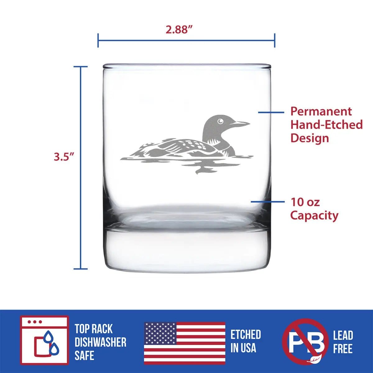 Etched Rocks Glass | 10 oz Whiskey Glass | Dishwasher Safe | Loon