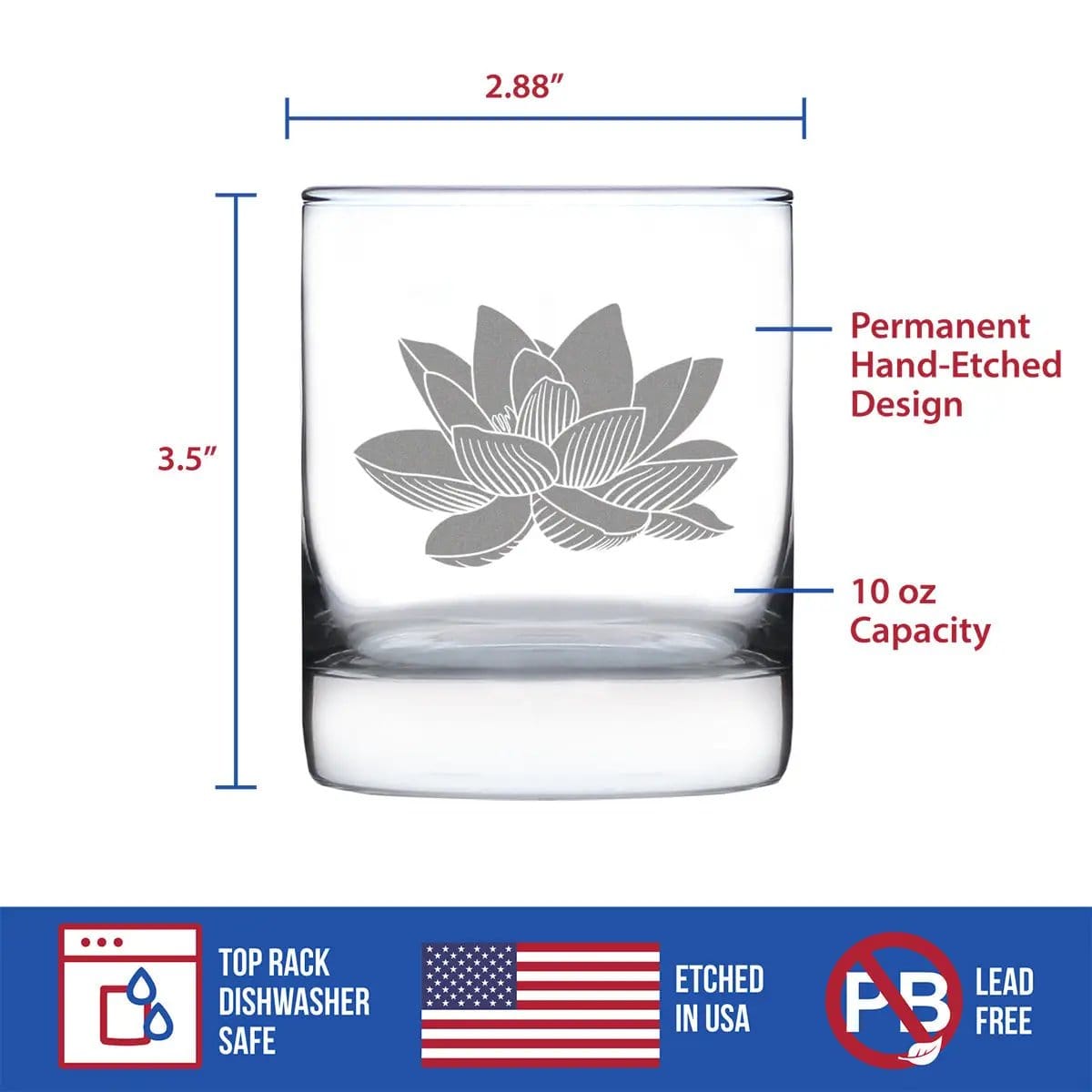 Etched Rocks Glass | 10 oz Whiskey Glass | Dishwasher Safe | Lotus Flower