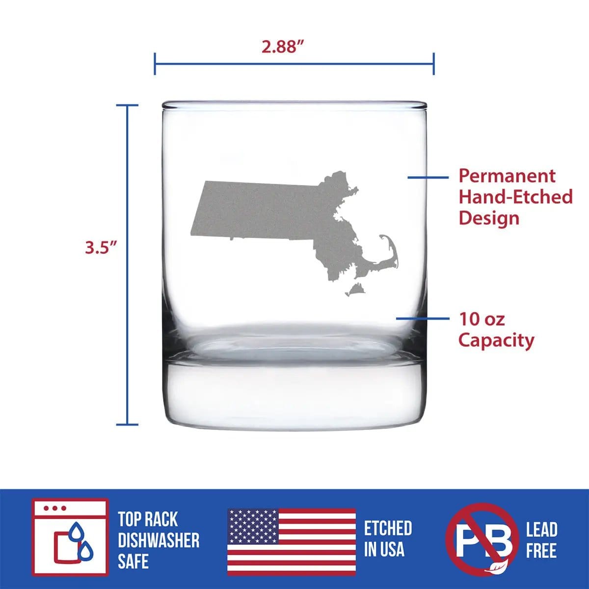 Etched Rocks Glass | 10.25 oz Whiskey Glass | Dishwasher Safe | Massachusetts State Outline