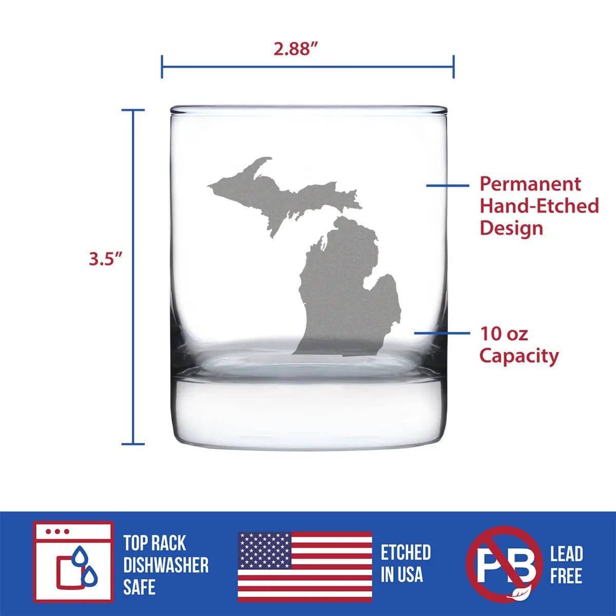 Etched Rocks Glass | 10.25 oz Whiskey Glass | Dishwasher Safe | Michigan State Outline