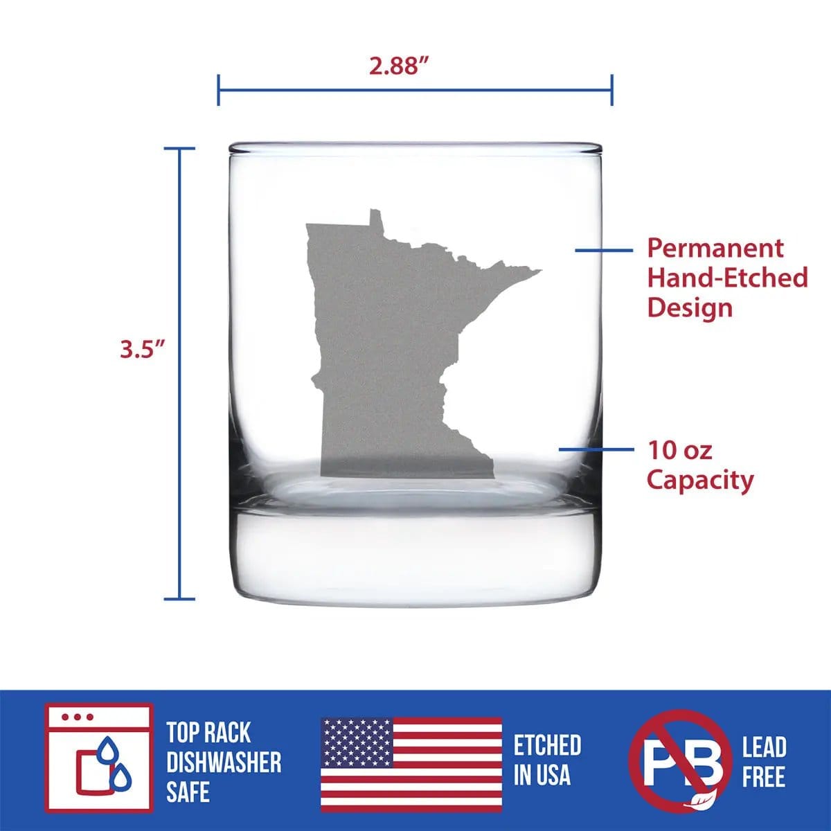 Etched Rocks Glass | 10.25 oz Whiskey Glass | Dishwasher Safe | Minnesota State Outline