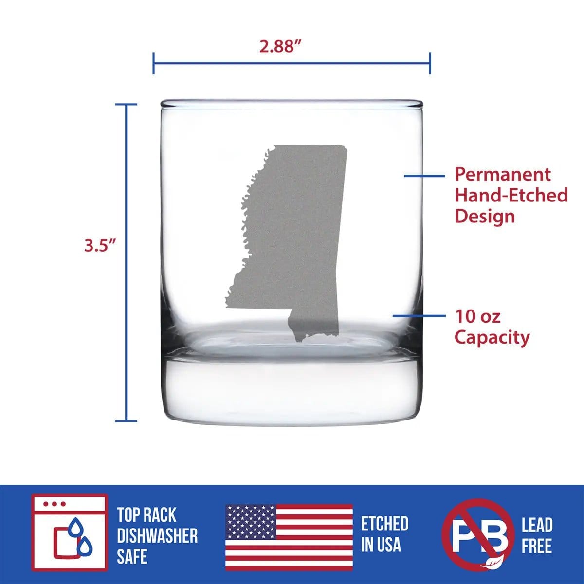 Etched Rocks Glass | 10.25 oz Whiskey Glass | Dishwasher Safe | Mississippi State Outline