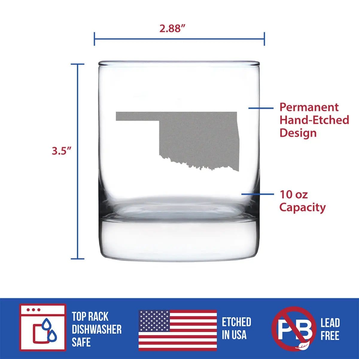 Etched Rocks Glass | 10.25 oz Whiskey Glass | Dishwasher Safe | Oklahoma State Outline