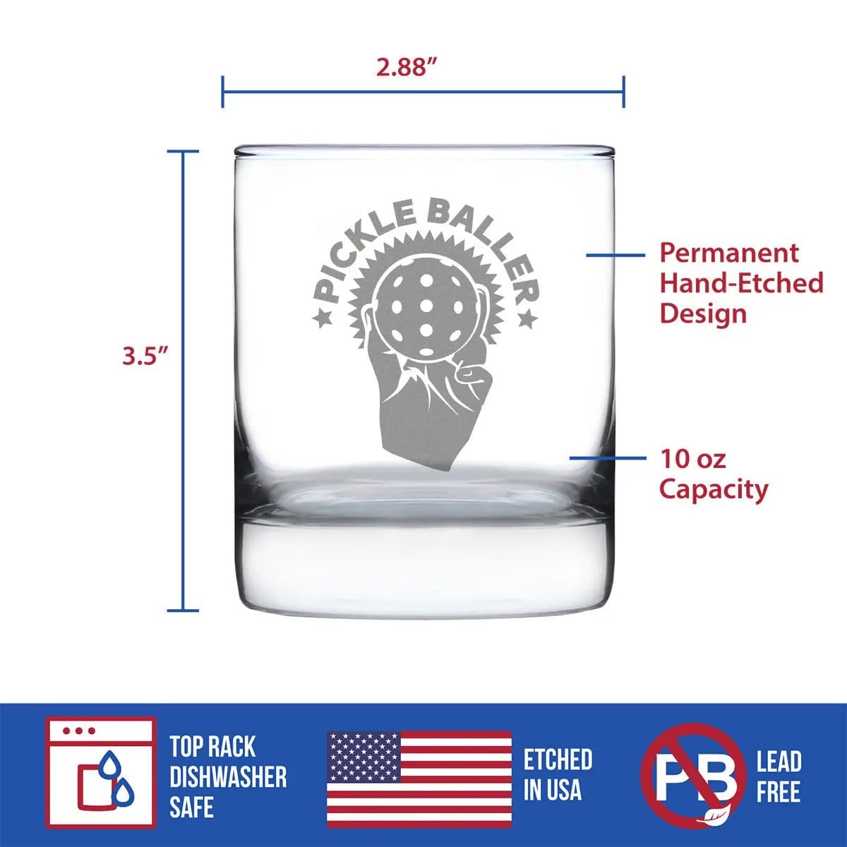 Etched Rocks Glass | 10.25 oz Whiskey Glass | Dishwasher Safe | Pickleballer