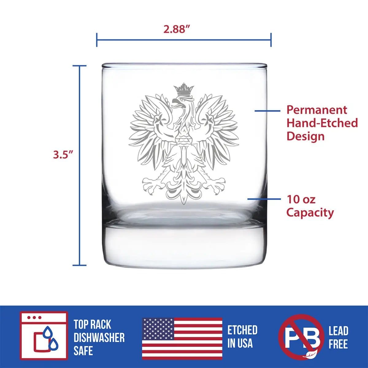 Etched Rocks Glass | 10 oz Whiskey Glass | Dishwasher Safe | Polish Eagle - Engraved