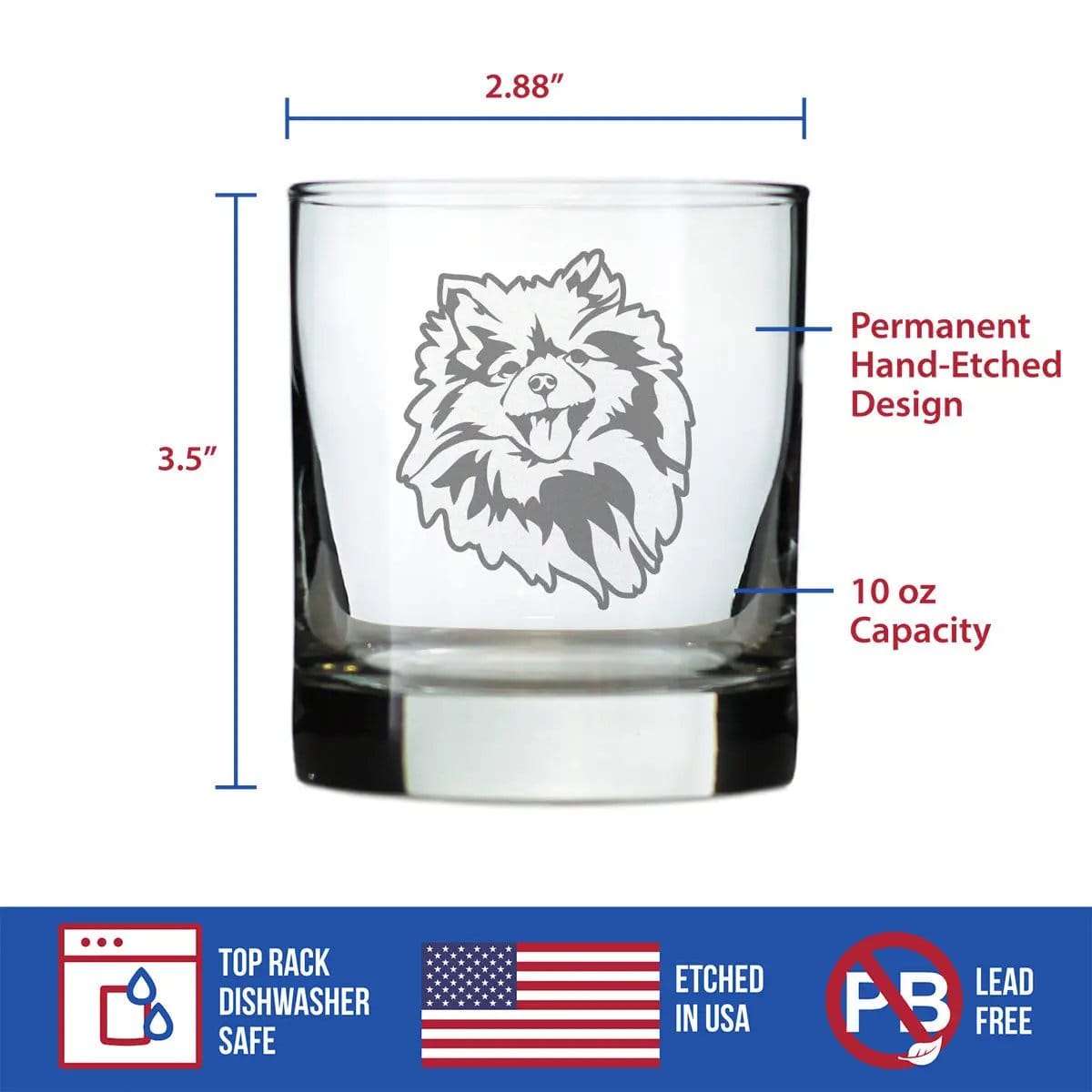 Etched Rocks Glass | 10.25 oz Whiskey Glass | Dishwasher Safe | Pomeranian Face