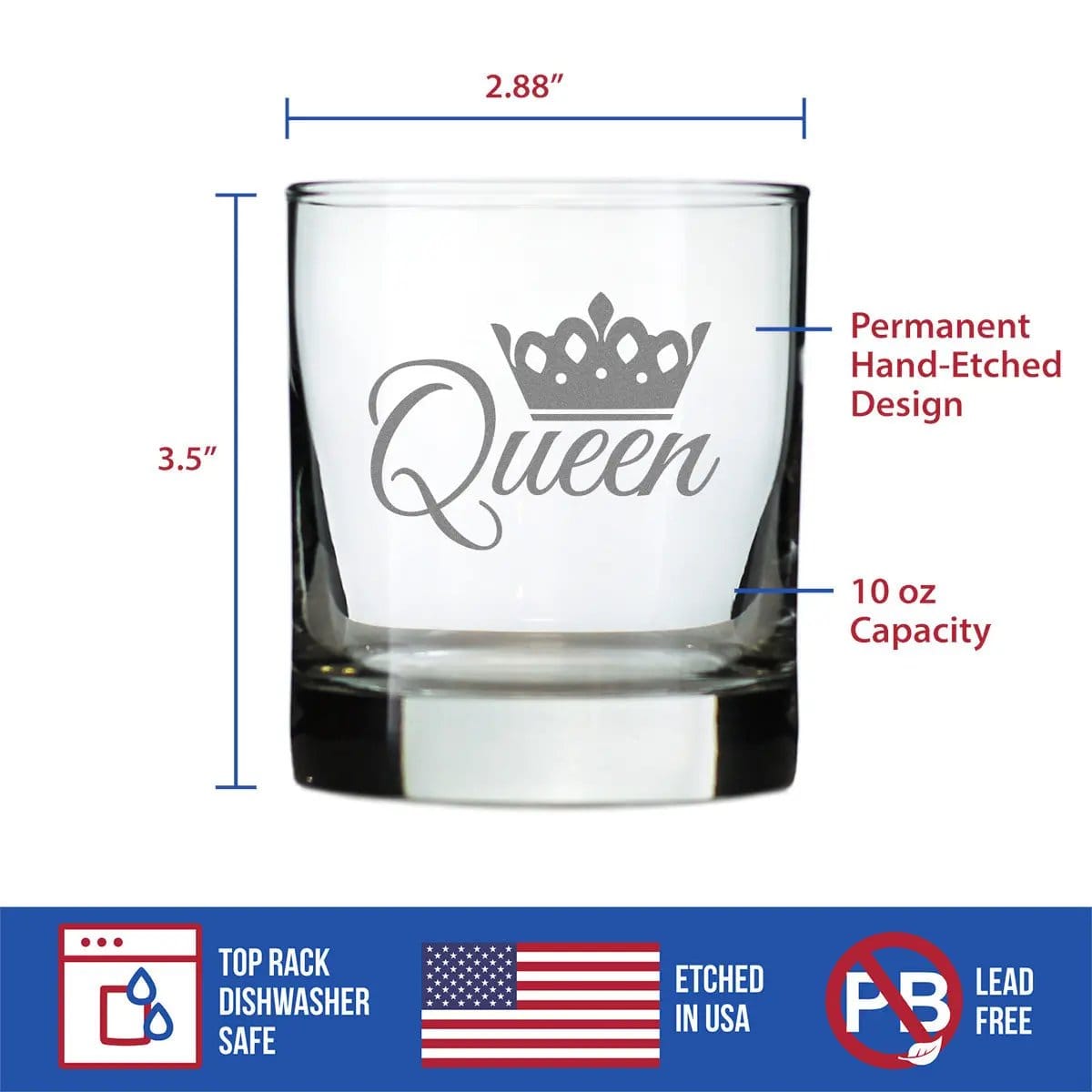 Etched Rocks Glass | 10.25 oz Whiskey Glass | Dishwasher Safe | Queen