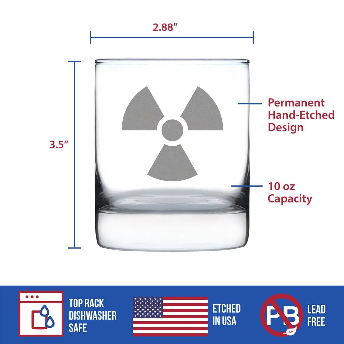 Etched Rocks Glass | 10 oz Whiskey Glass | Dishwasher Safe | Radiation Symbol
