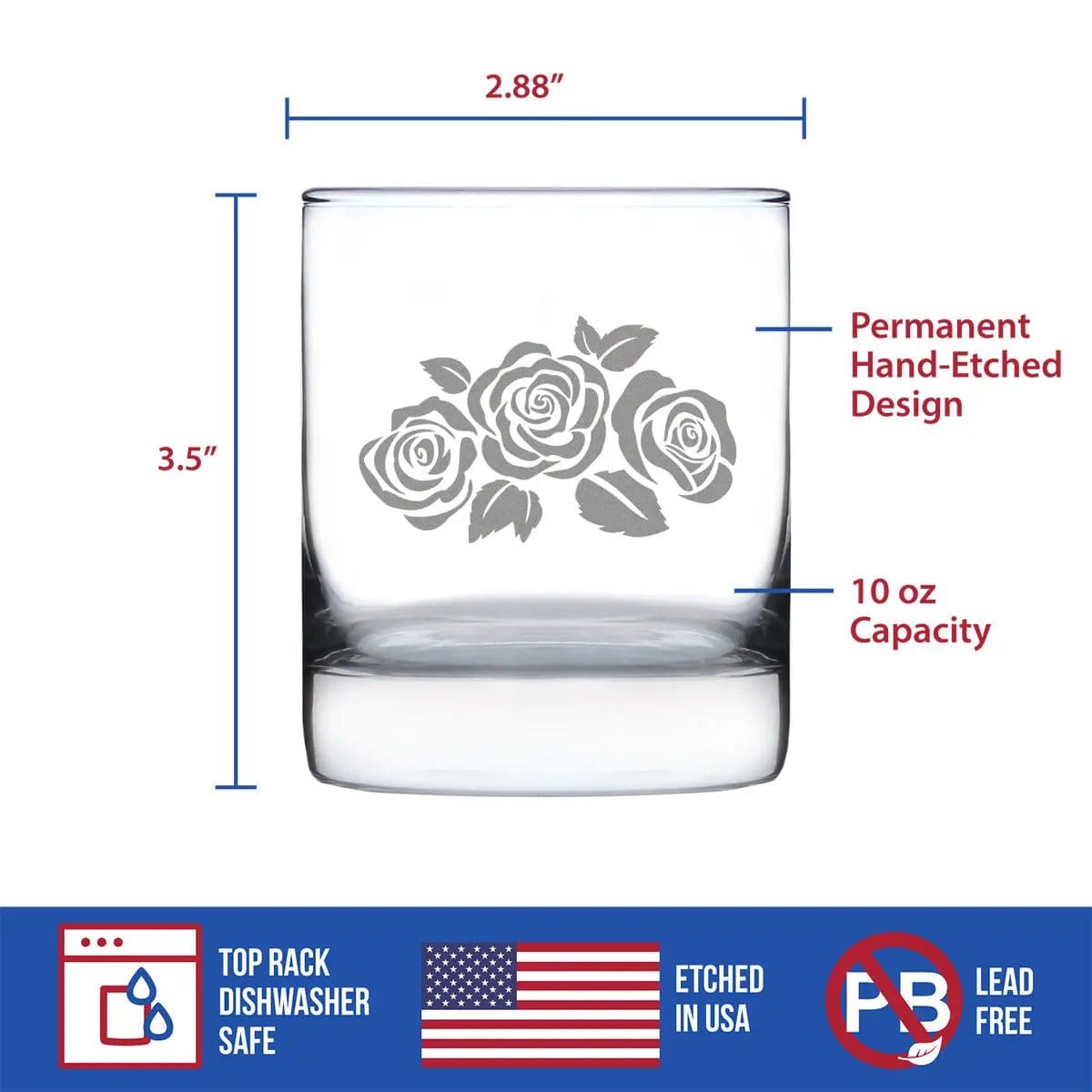 Etched Rocks Glass | 10 oz Whiskey Glass | Dishwasher Safe | Roses
