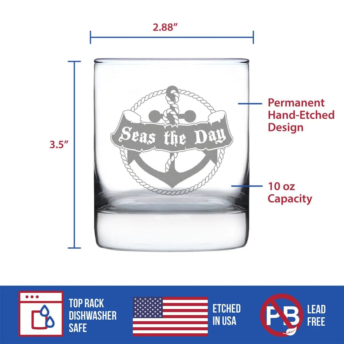 Etched Rocks Glass | 10 oz Whiskey Glass | Dishwasher Safe | Seas the Day