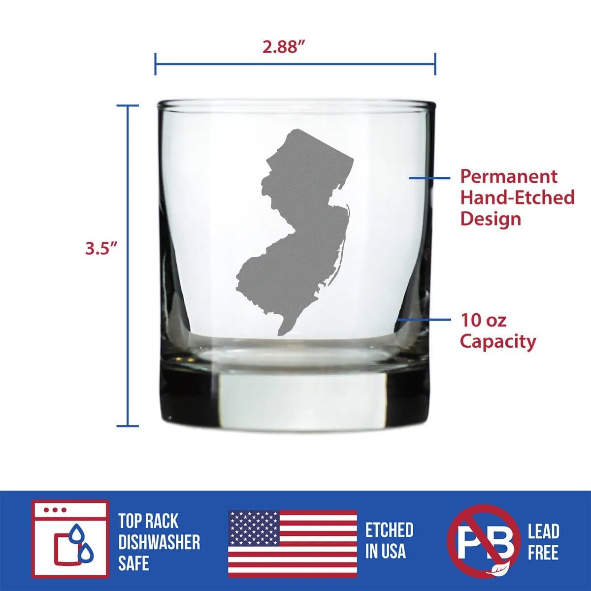 Etched Rocks Glass | 10.25 oz Whiskey Glass | Dishwasher Safe | New Jersey State Outline