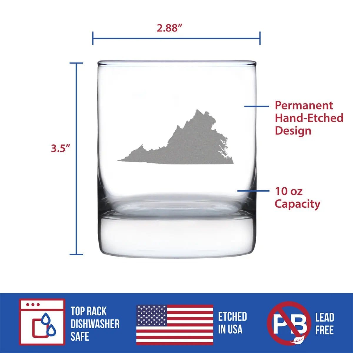 Etched Rocks Glass | 10.25 oz Whiskey Glass | Dishwasher Safe | Virginia State Outline