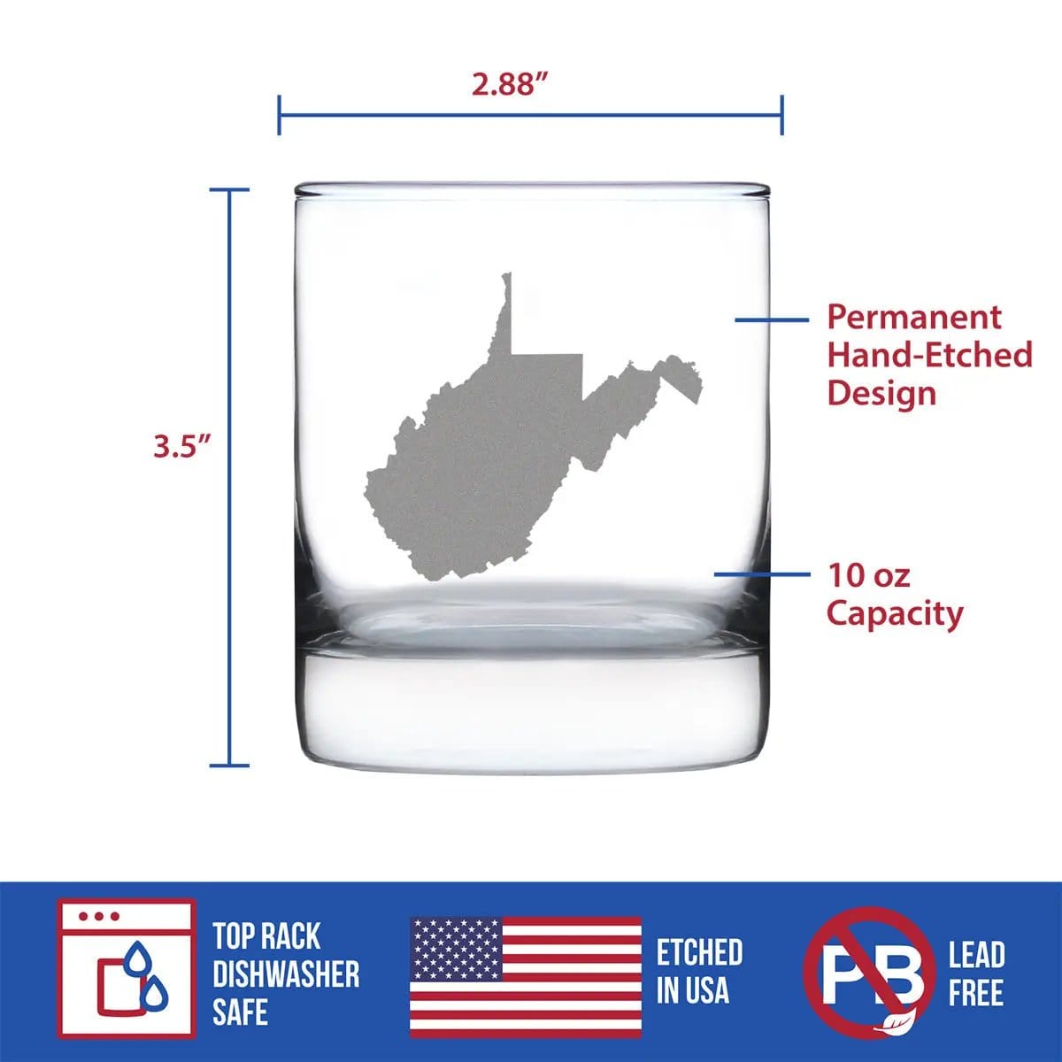 Etched Rocks Glass | 10.25 oz Whiskey Glass | Dishwasher Safe | West Virginia State Outline