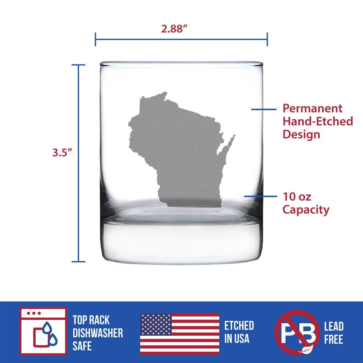 Etched Rocks Glass | 10.25 oz Whiskey Glass | Dishwasher Safe | Wisconsin State Outline