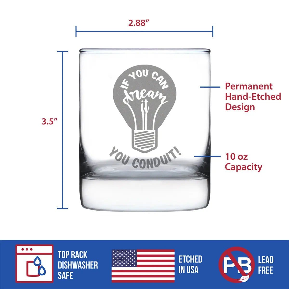 Etched Rocks Glass | 10.25 oz Whiskey Glass | Dishwasher Safe | If You Can Dream You Conduit