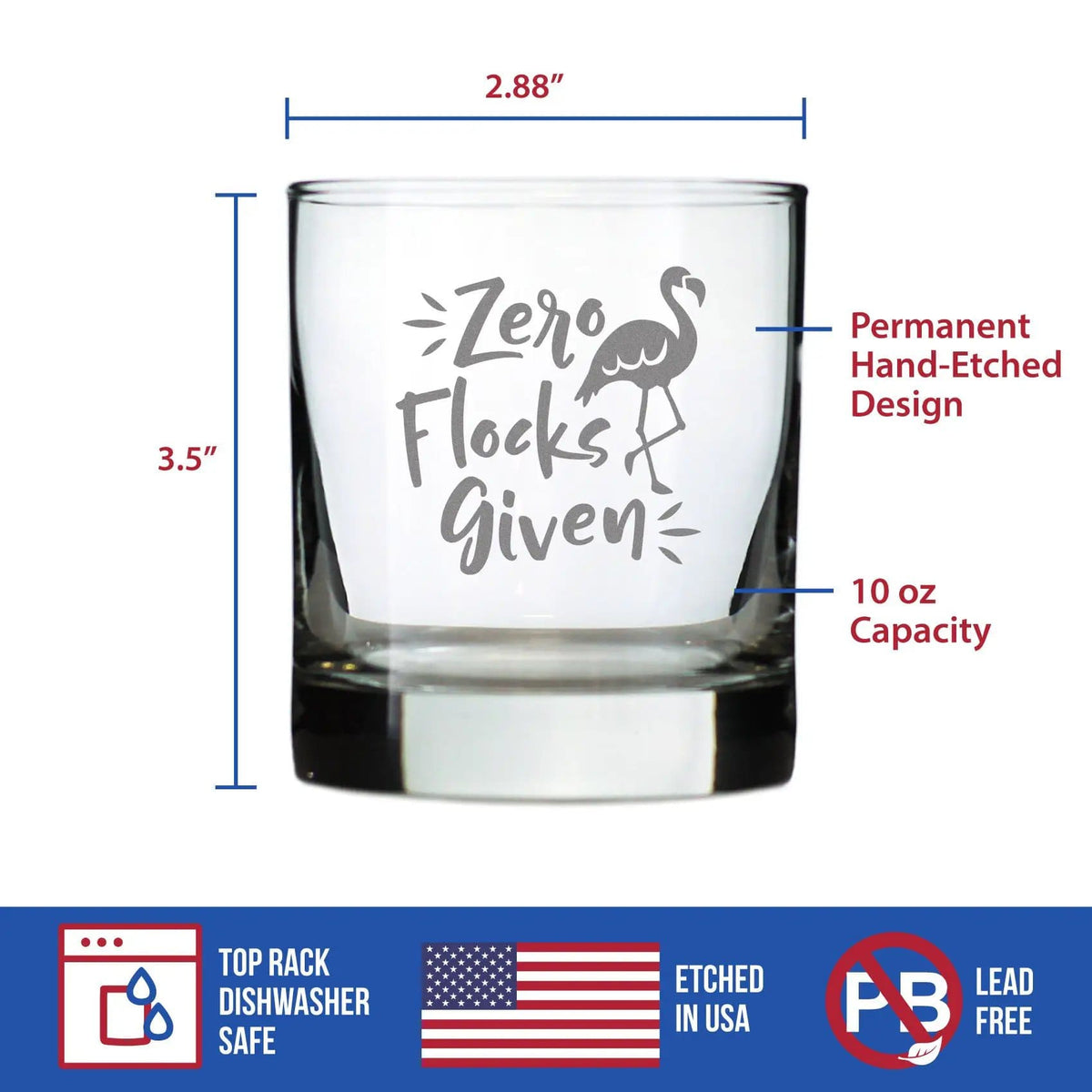 Etched Rocks Glass | 10 oz Whiskey Glass | Dishwasher Safe | Zero Flocks Given - Funny Flamingo