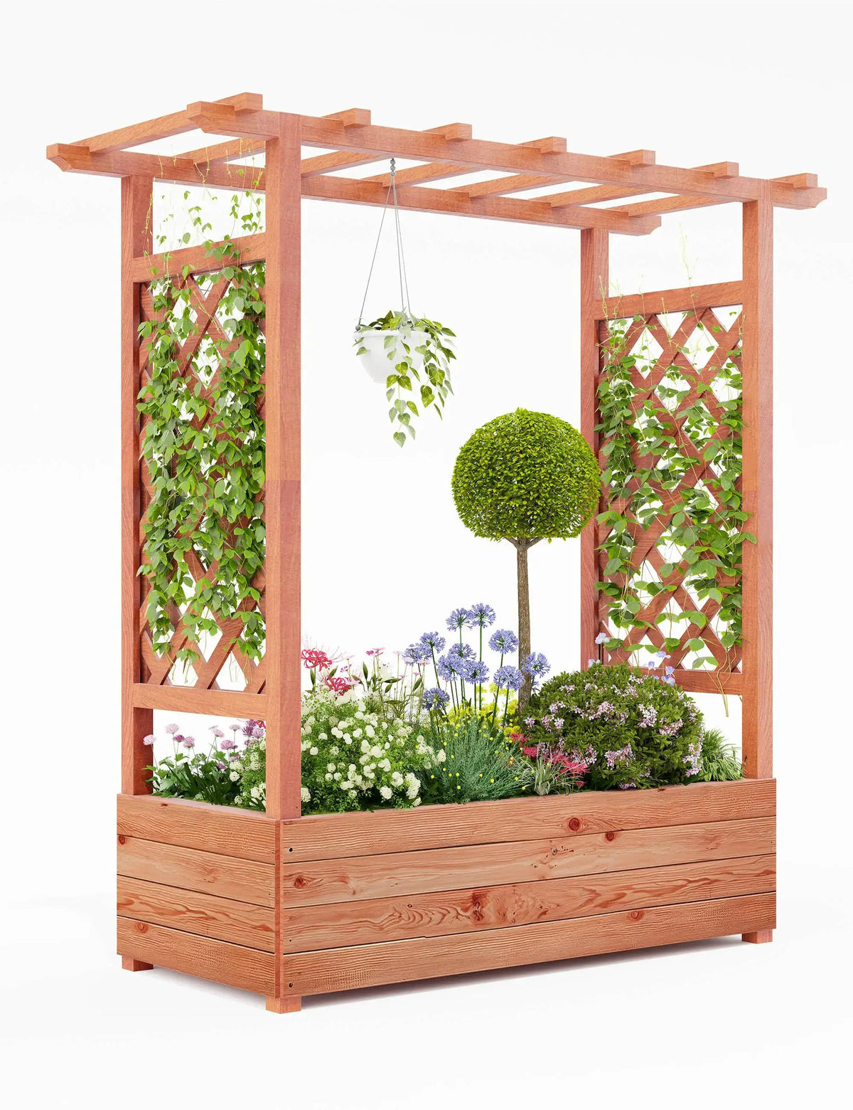 Elevated Wooden Raised Garden Bed with Trellis/Canopy/Drainage Hole Freestanding Planter Box for Climbing Plants Vines Blossoms from PriceLows™