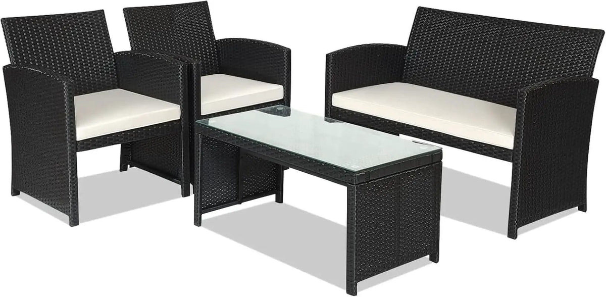 Rattan Outdoor Patio Furniture Set 4 Piece White Cushions