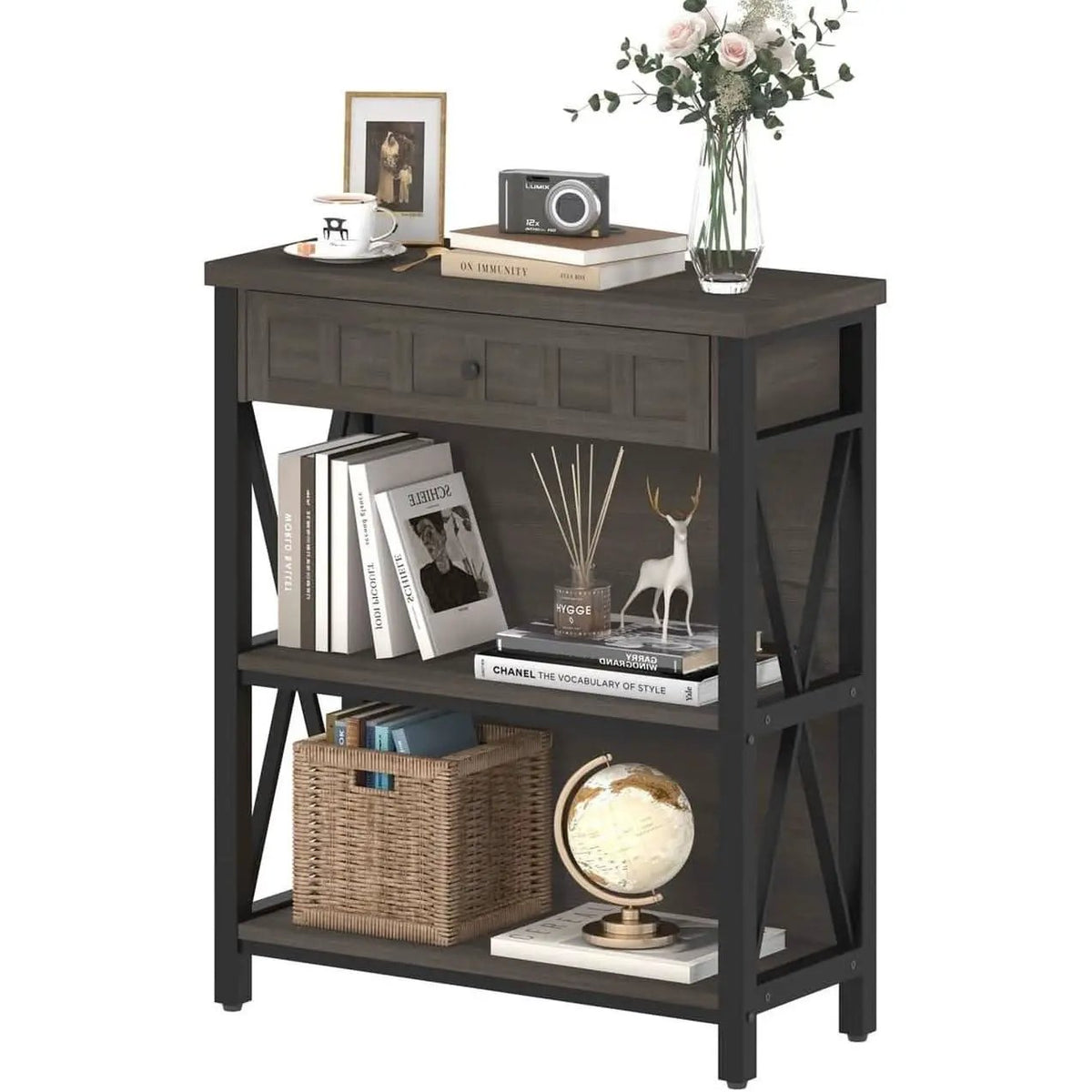 Rustic Bookshelf With Drawer Walnut Brown Industrial Wood And Metal from PriceLows™