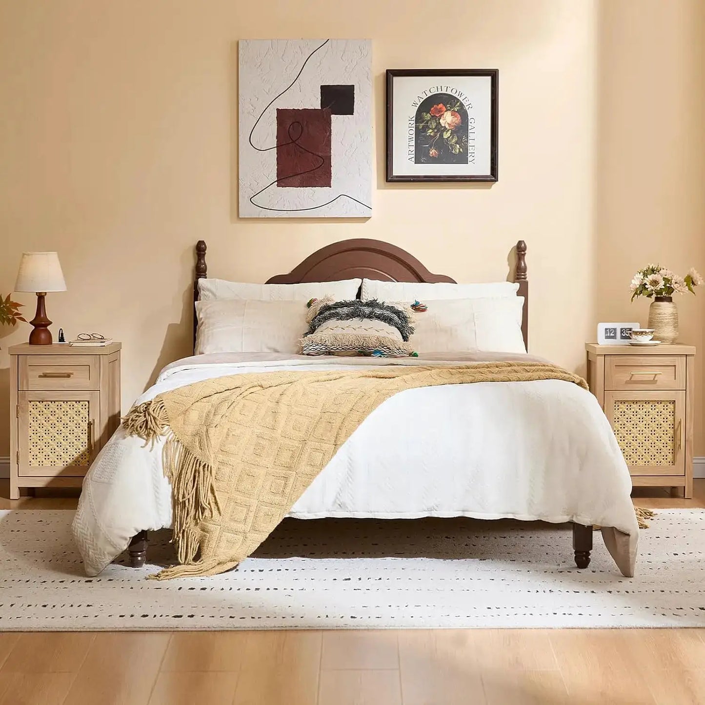 Boho Rattan Nightstand Set of 2 with Type-C Charging Station, Drawer & Adjustable Shelf, Natural Oak from PriceLows™