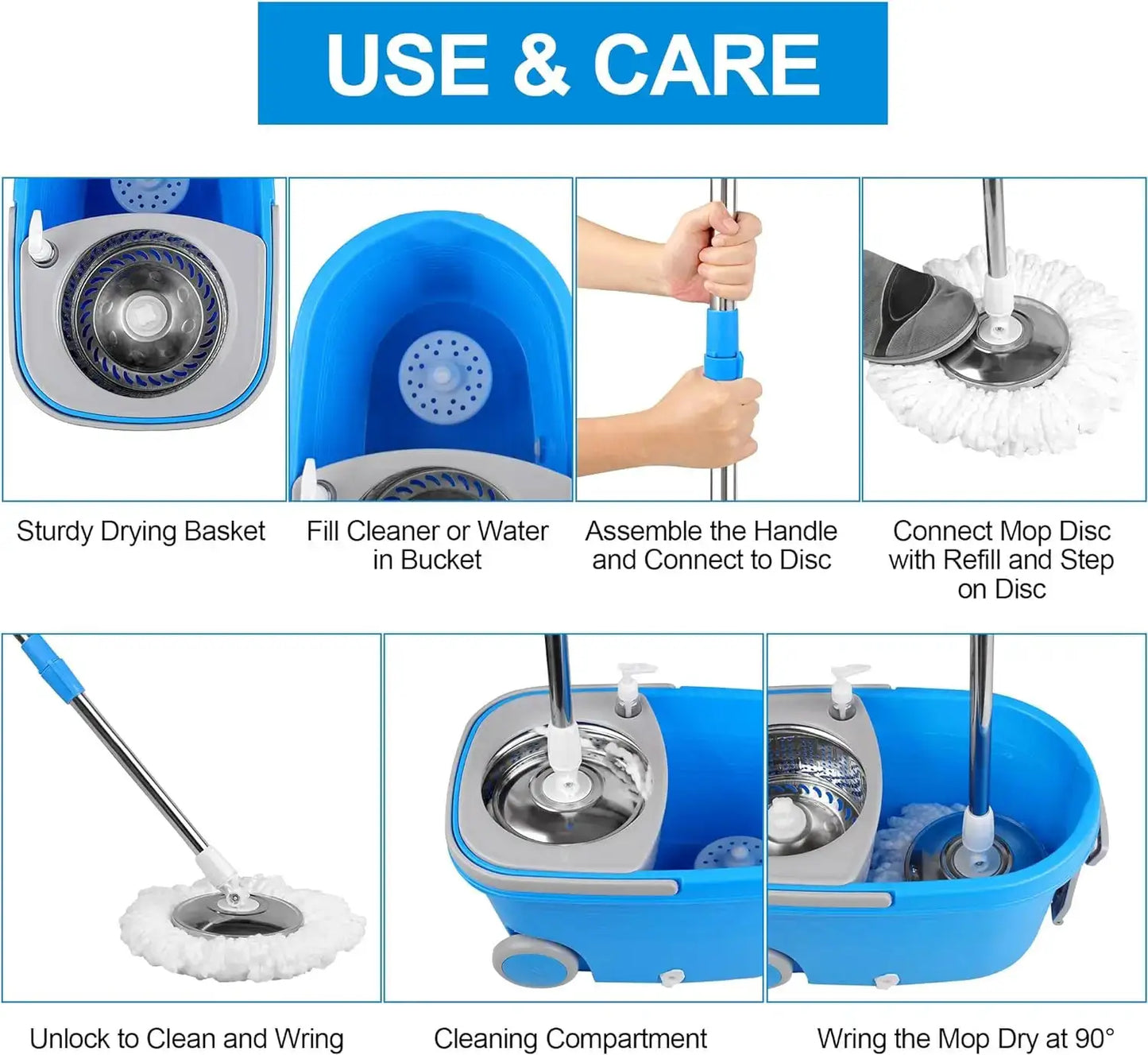 Blue Spin Mop Bucket Sets 360° Spinning Cleaning Tools with 3 Microfiber Replacement Heads, 61" Extended Handle Household Item from PriceLows™