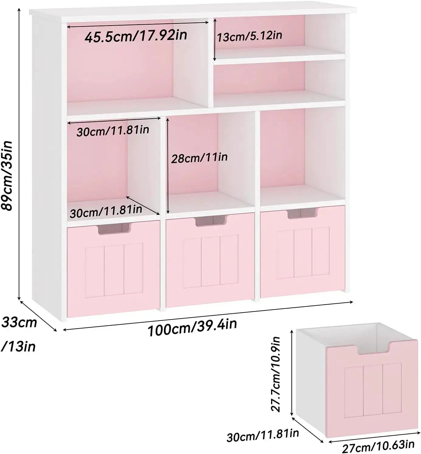 Kids Bookcase Toy Organizer White/Pink Storage Cabinet with 3 Movable Drawers Multi-Purpose Nursery & Playroom Furniture from PriceLows™