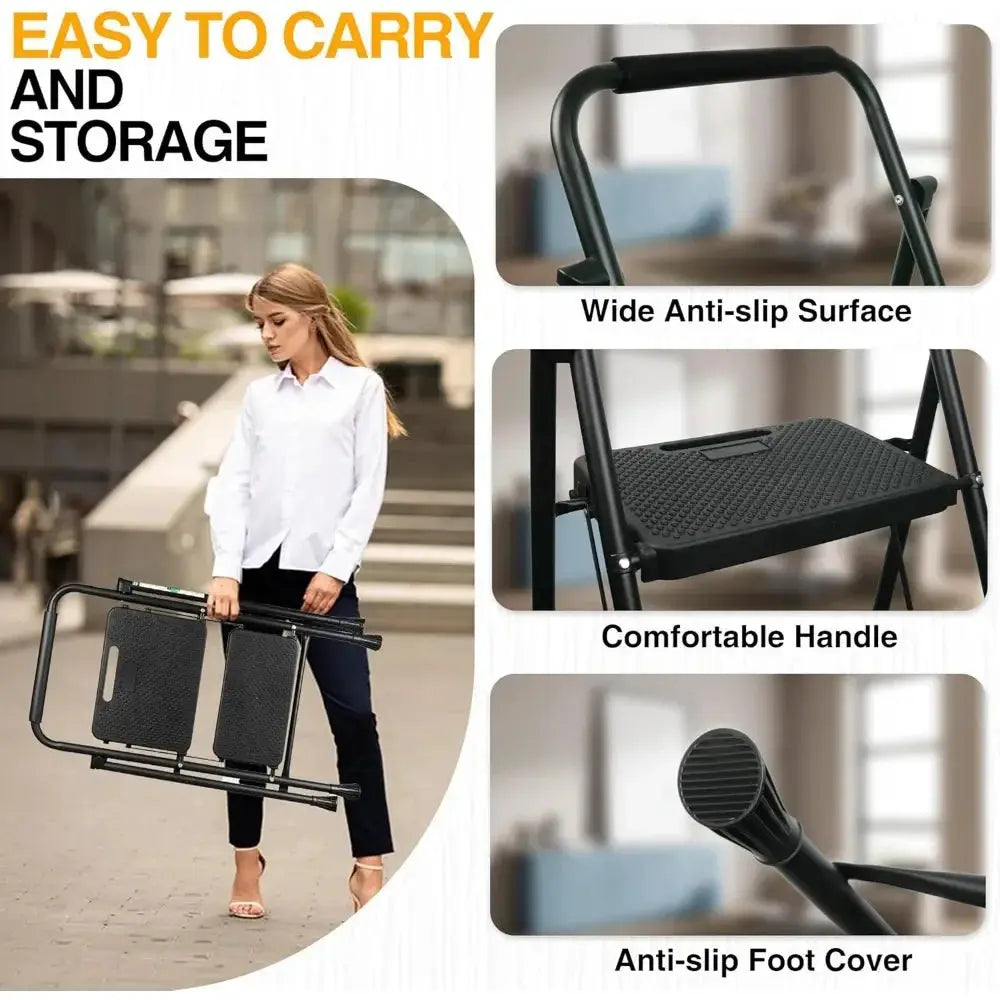 Portable Folding 2 Step Stool with Anti Slip Pedal and Handgrip Sturdy Steel Ladder Black from PriceLows™