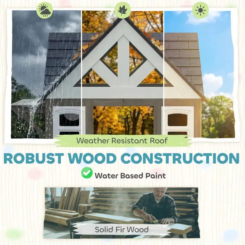 Qaba Outdoor Playhouse, Wooden Kids Playhouse with Dog Door, Flower Box, Cookware & Window for Garden Ages 2+, Gray from PriceLows™