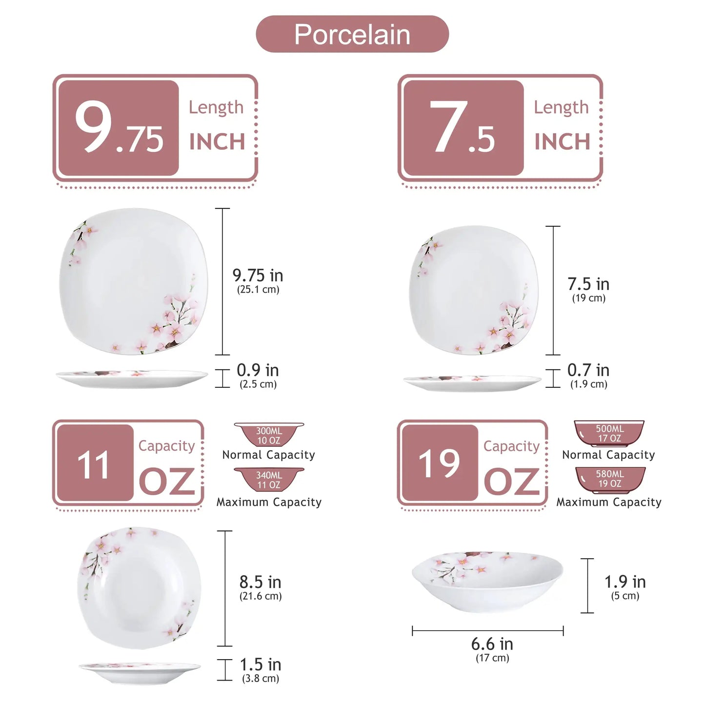 VEWEET ANNIE 30/24/20 Pcs Porcelain Dinnerware Set Pink Floral Plates Dinner Set with Dinner Plate/Dessert/Soup/Cup/Saucer from PriceLows™
