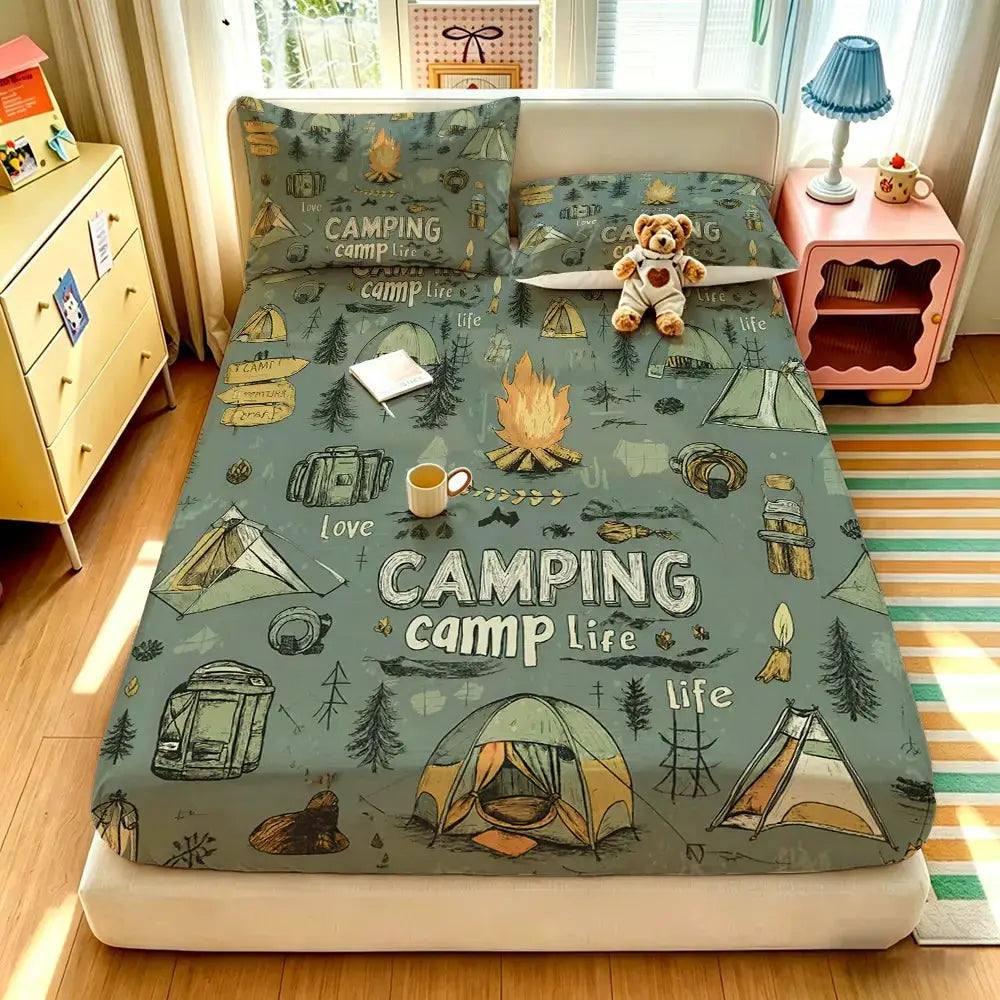 3pcs Happy Camping Tent Printed Coreless Bed Sheet Summer Set Multi Size Soft Comfortable Bedding Decoration Machine Washable from PriceLows™