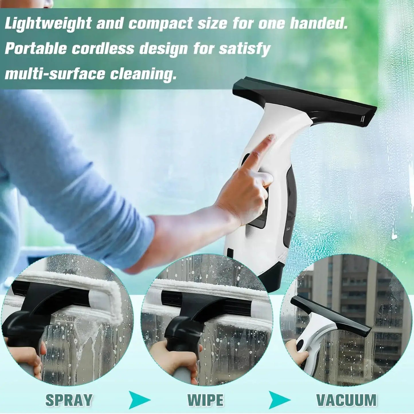 Cordless Window Vacuum Cleaner | Rechargeable Battery | Squeegee Blade