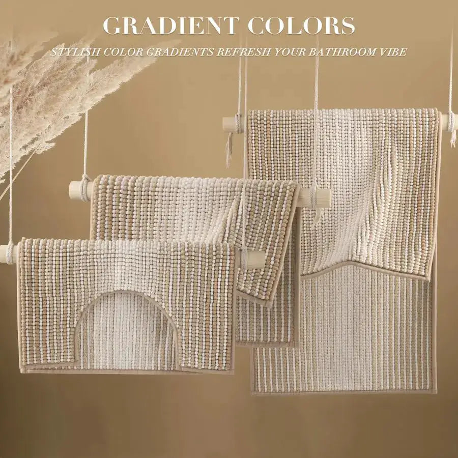 Bathroom Rugs Sets 3 Piece, Toilet Rugs UShaped Contour Bath Mat Set, Striped Absorbent Non Slip Chenille Shower Mat, Beige from PriceLows™