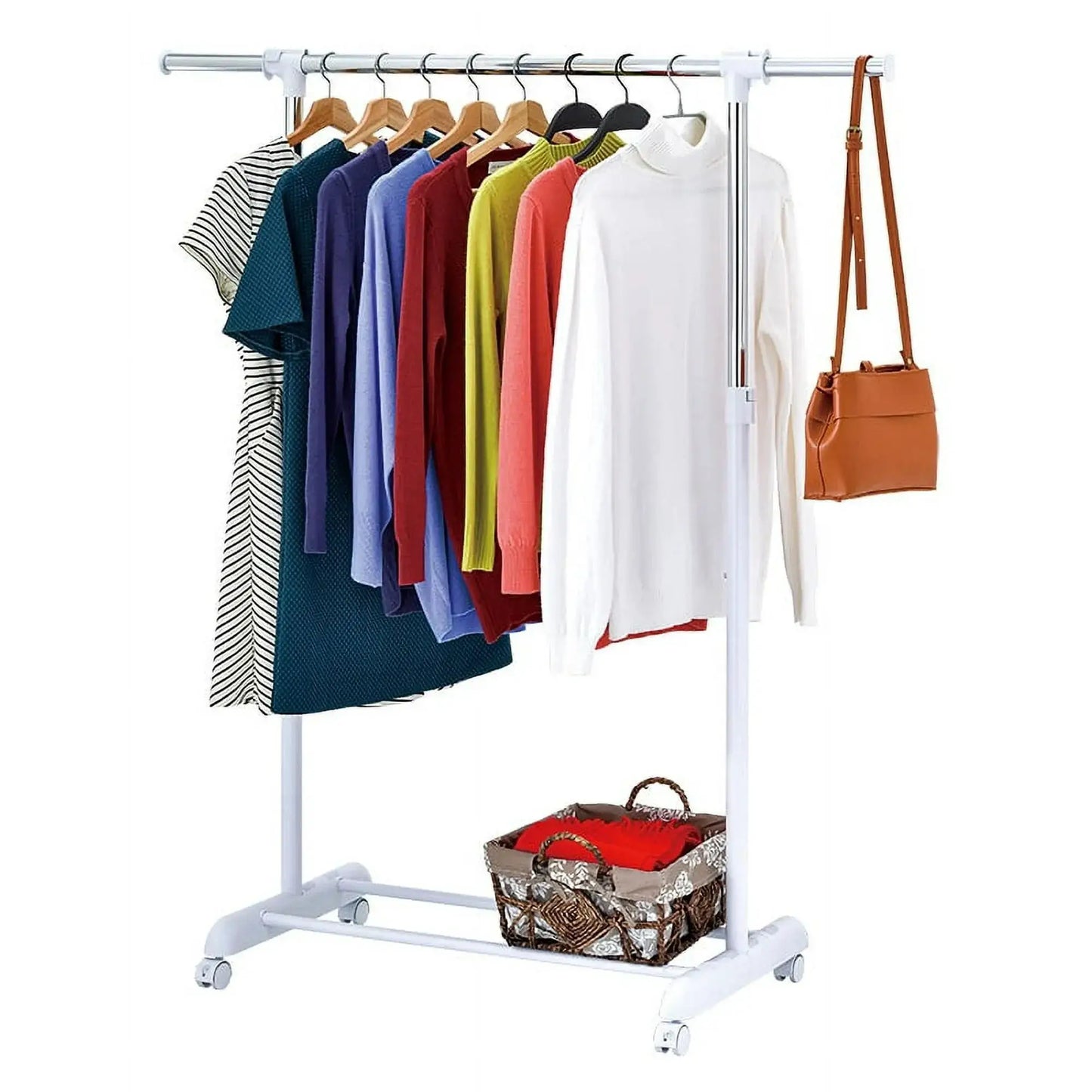 Adjustable Metal Rolling Garment Rack, Clothes Organizer with Wheels, Chrome & White, Portable Wardrobe Storage for Home & Retai from PriceLows™