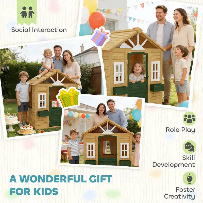 Qaba Outdoor Playhouse, Wooden Kids Playhouse with Door, 3 Windows, 2 Flower Boxes for Garden, Indoor Playroom, Ages 3–8 from PriceLows™