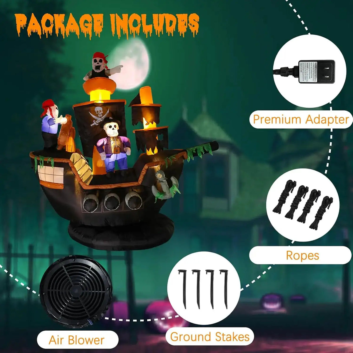 Halloween Inflatable Pirate Ship | 7 Ft Tall | Built In Led Lights